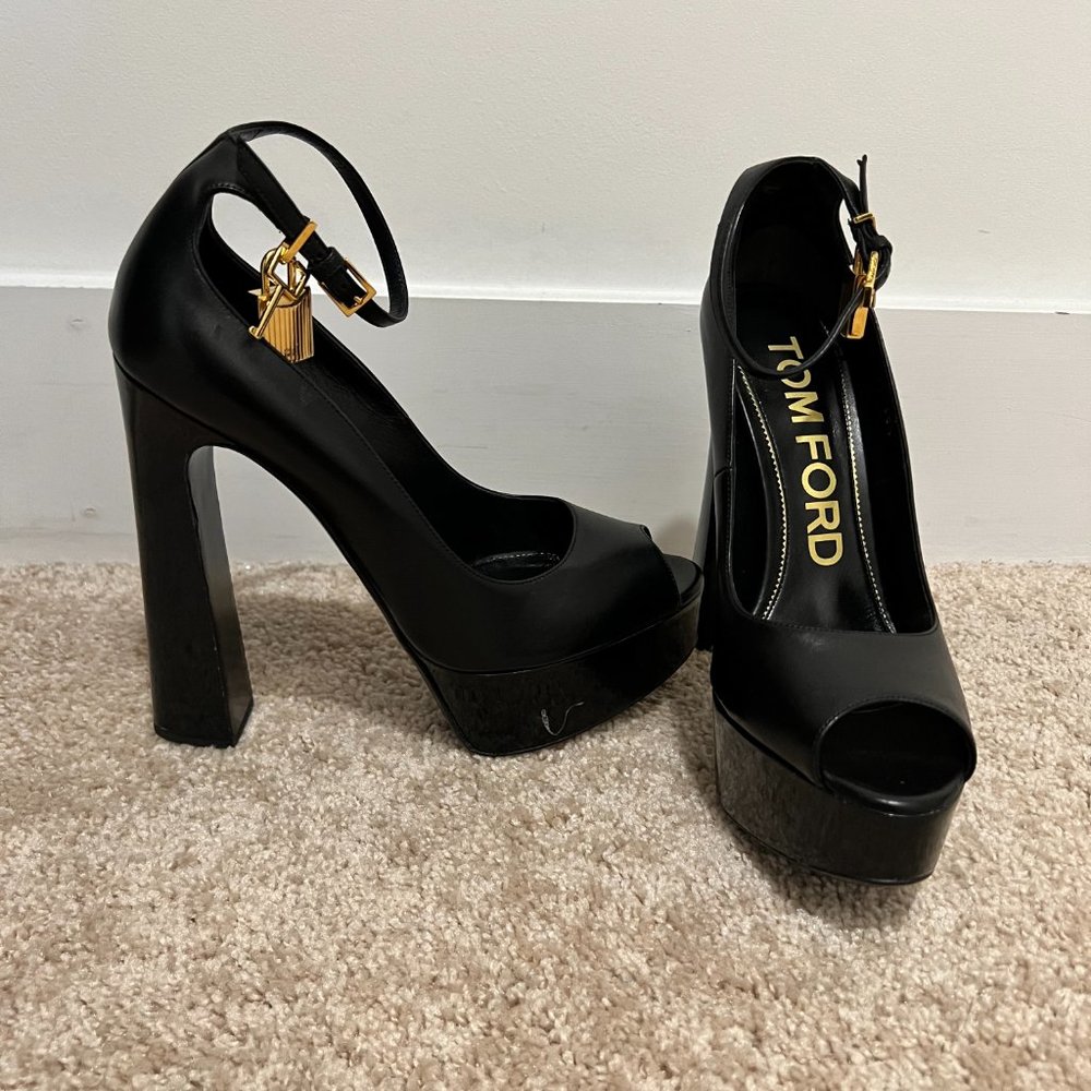 Tom Ford Black Platform Peep-Toe Ankle Strap Pumps with Gold Hardware